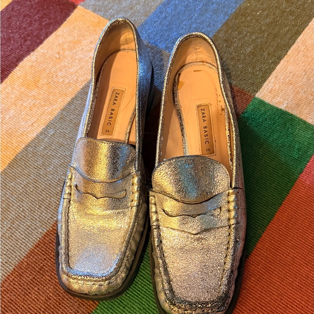 Zara Metallic Silver Penny Loafers 39